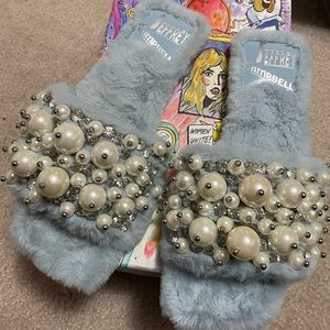 Jeffrey Campbell blue fluffy pearl & gem sandals